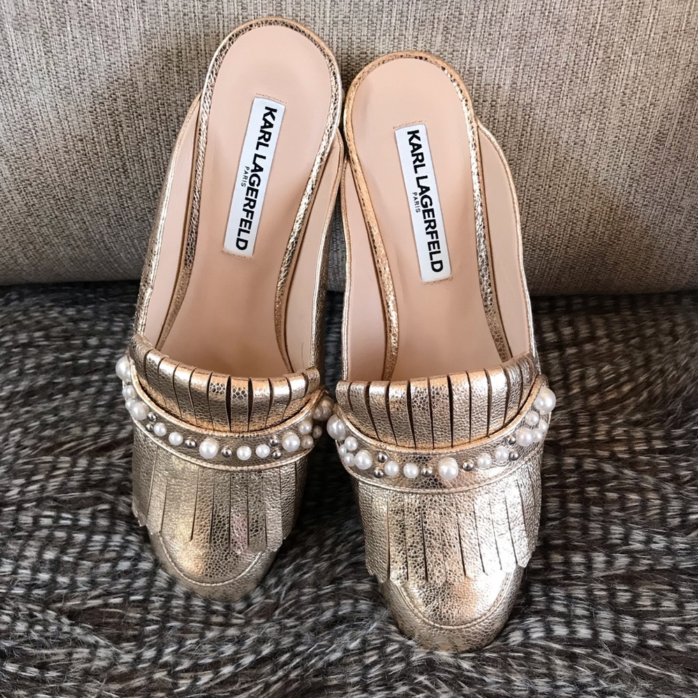 Karl Lagerfeld Metallic Gold Pearl-Embellished Fringe Mules - Picture 3 of 7